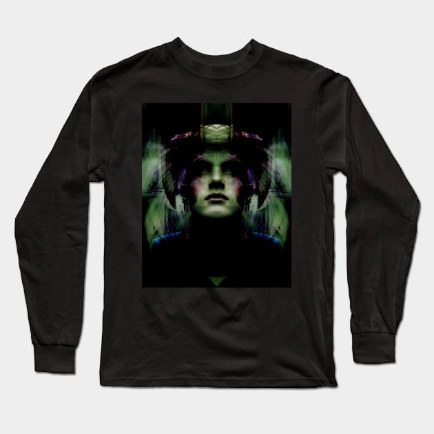 Portrait, digital collage, special processing. Dark, strong. Guy face looking up high. Fantasy. Green and violet. Long Sleeve T-Shirt by 234TeeUser234